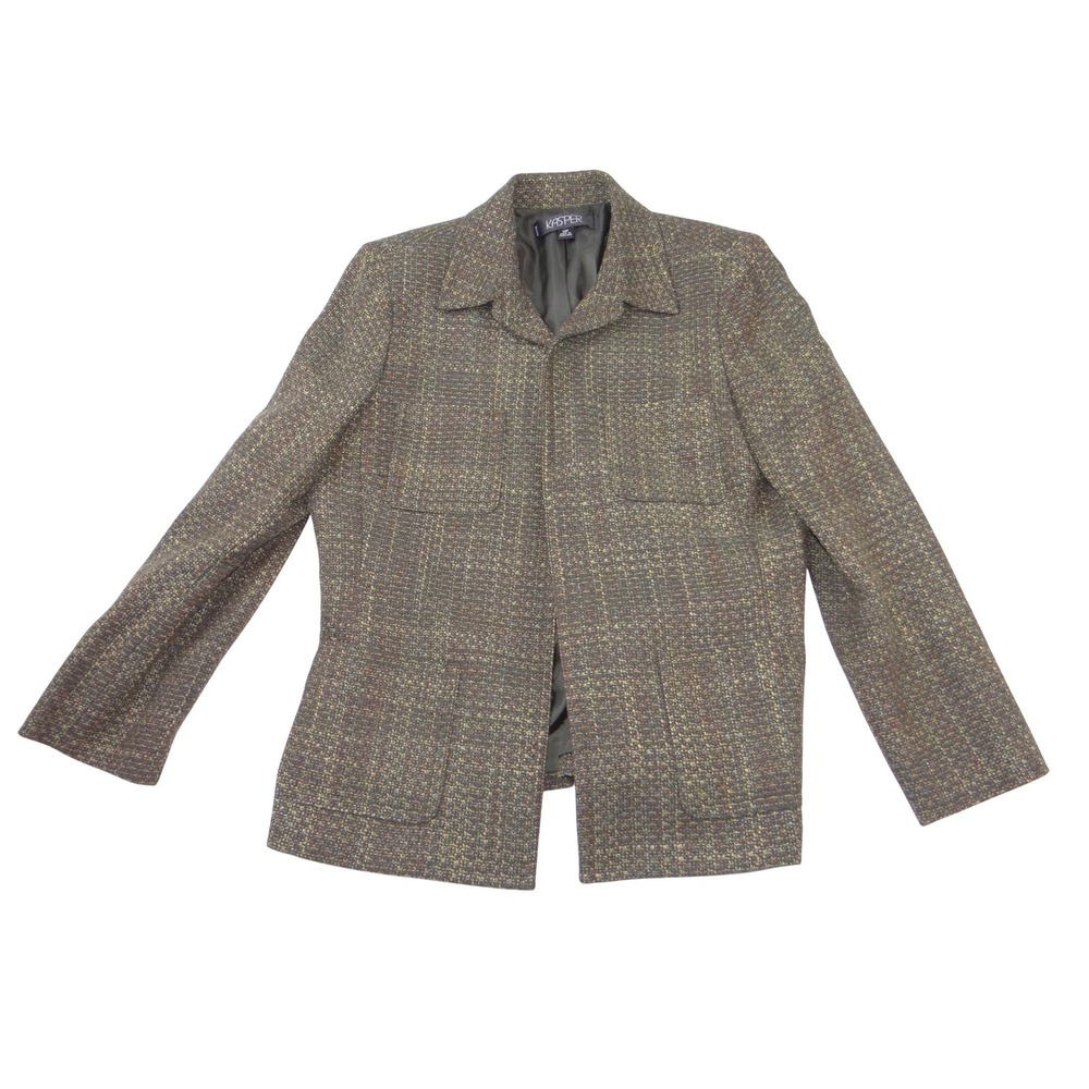 VTG Kasper Womens 14P‎ Petite Textured Tweed Blazer Jacket Brown Olive 4-Pocket